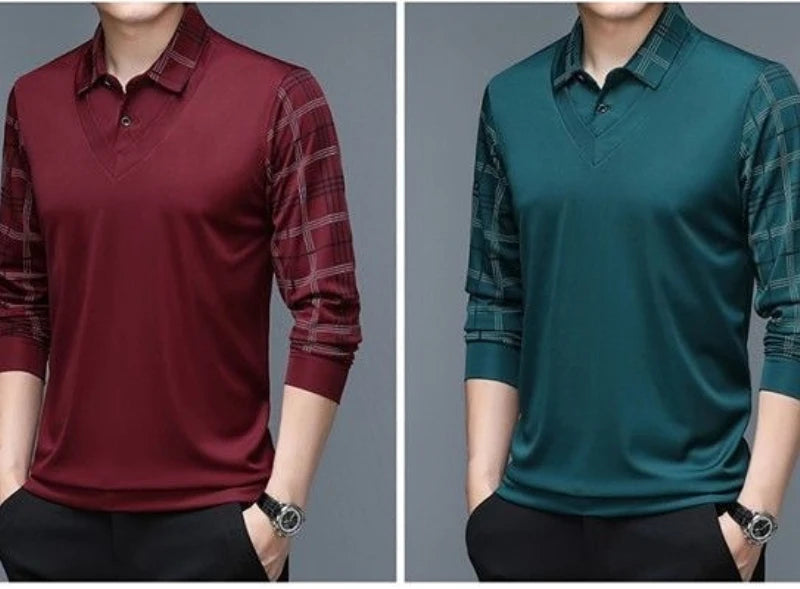 Spring Long Sleeve Polo Men s T shirt Turn down Collar Loose Solid Plaid Fashion