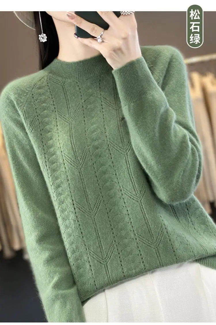 Women Stylish Simple Hollow Soft Cashmere Basic Knitted Sweater Solid O Neck Long Sleeve Loose