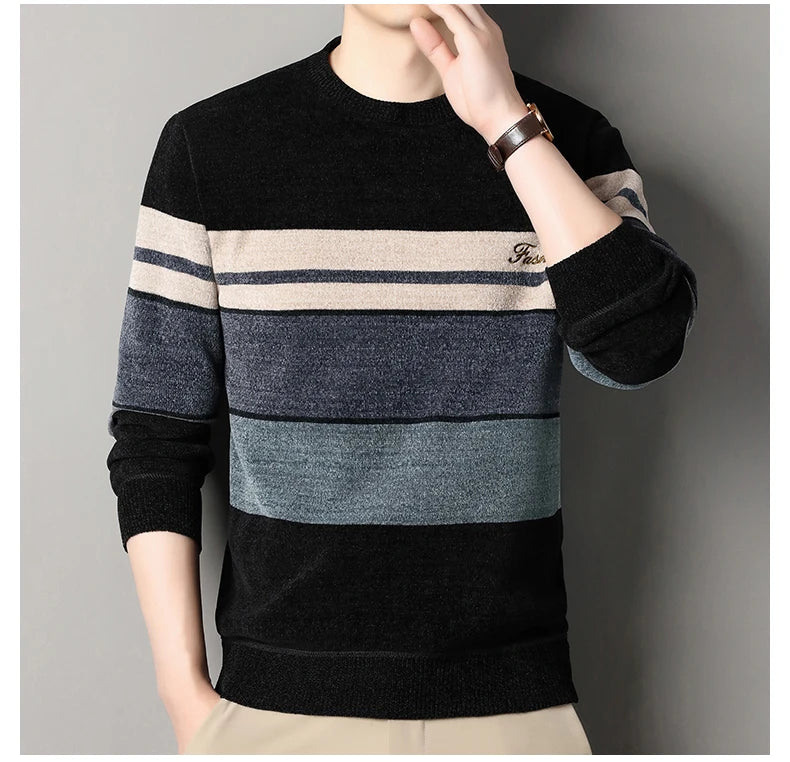 Mens Chenille Sweaters Fashion Knitting Pullover Striped Men s Autumn Winter Top Clothes Round