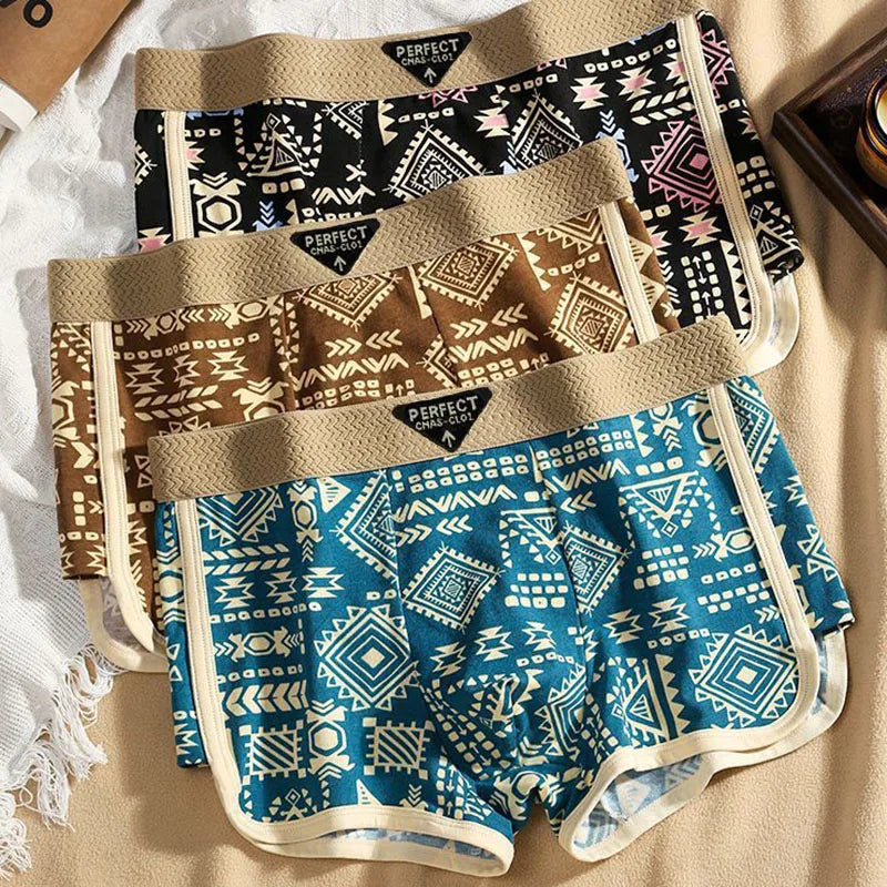3-delige set herenondergoed Amerikaanse retro etnische stijl platte broek ademend