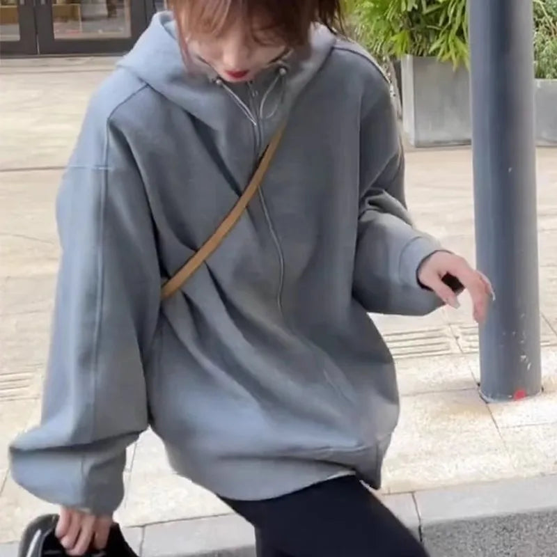 Mode Effen Kleur Trui Gebreid Vest Dames Ritssluiting Lange Mouw Los