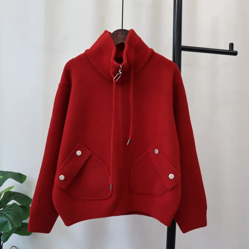 Herfst Winter Casual Losse Alle Maten Rits Gebreide Cardigan Rias Party Rood