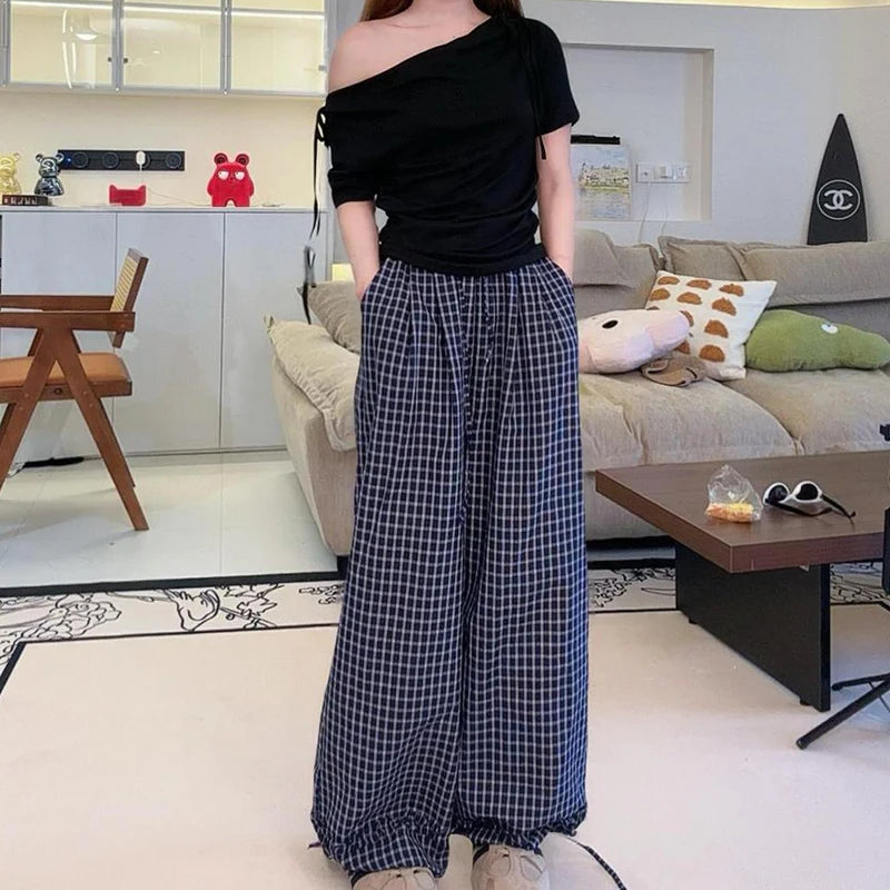 Zomer casual geruite lange broek voor vrouwen met trekkoord en wijde pijpen, losse broek voor vrouwen