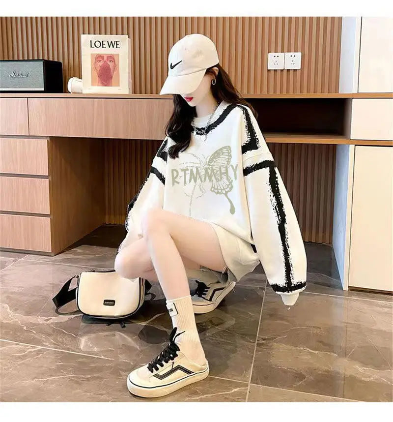 Dameskleding Koreaanse vlinderprint streetwear Y2K sweatshirt casual oversized tuniek hoodie O