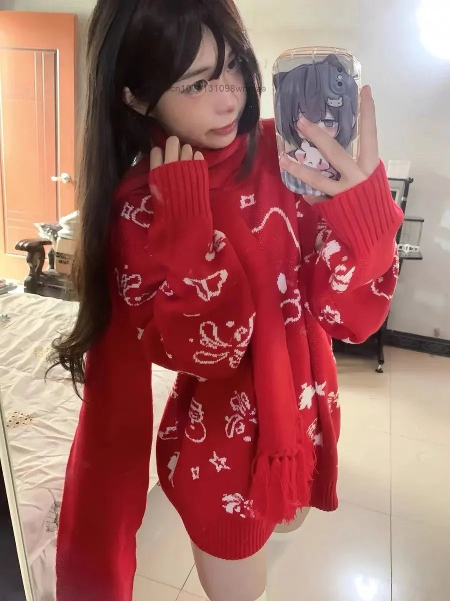 Kerst Hello Kitty schattige gebreide trui met sjaal voor vrouwen Y2k