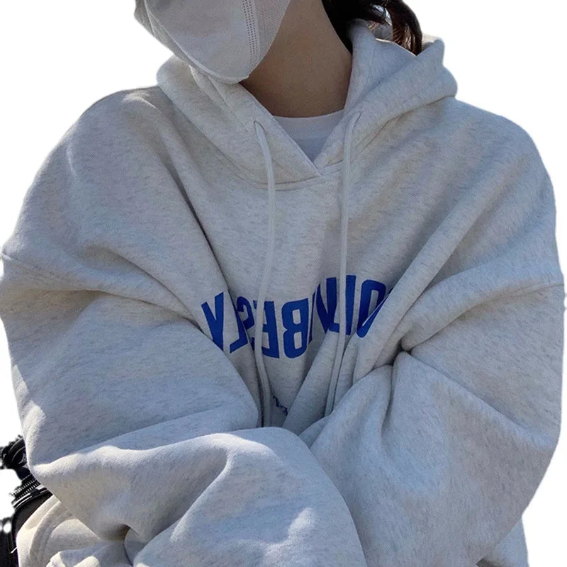 Autumn Fleece Hoodie Solid Color Letter Hooded Korean Fashion Sweatshirts Long