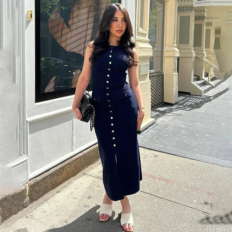 Elegante mouwloze enkelrijs geribbelde truien lange jurk voor dames hoog