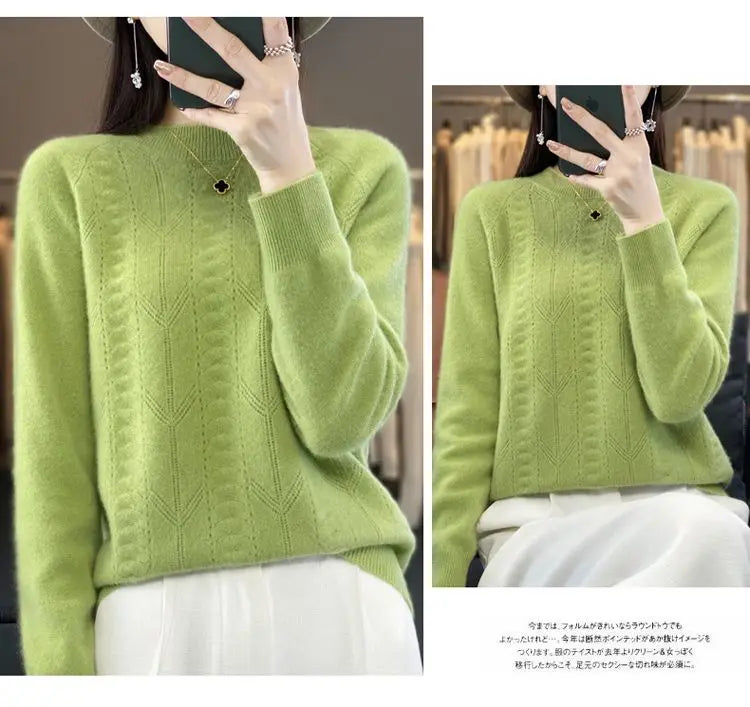 Women Stylish Simple Hollow Soft Cashmere Basic Knitted Sweater Solid O Neck Long Sleeve Loose