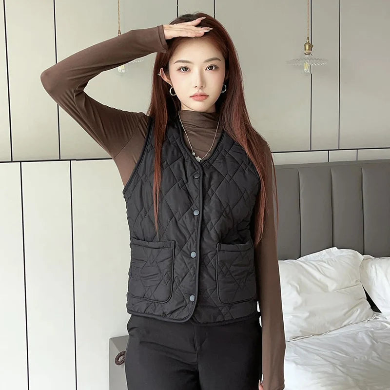 Mode enkelrijs katoenen vest dames herfst winter V-hals mouwloos katoen