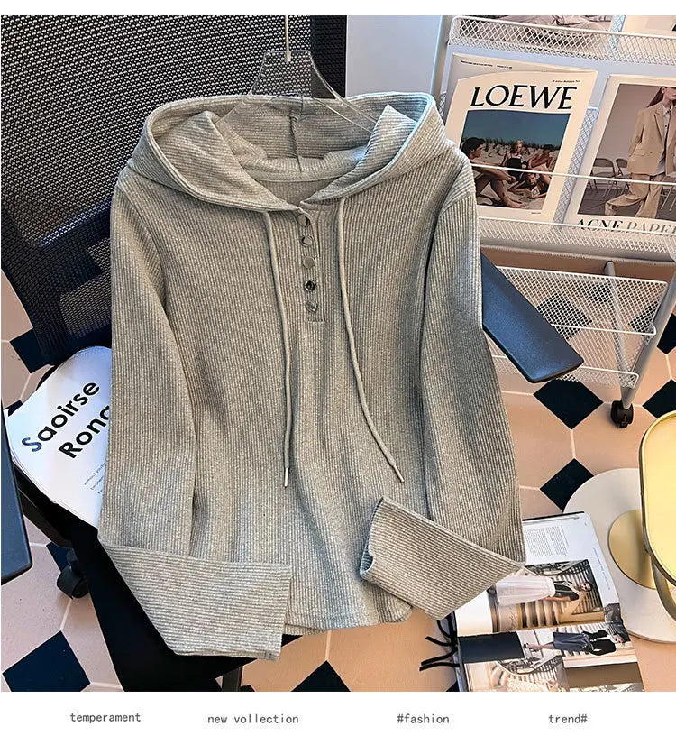 Uniek geknoopt T-shirt met capuchon voor dames, lente/herfst, onregelmatige korte mouwen, lange mouwen, basislaag