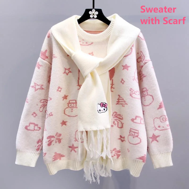 Kerst Hello Kitty schattige gebreide trui met sjaal voor vrouwen Y2k