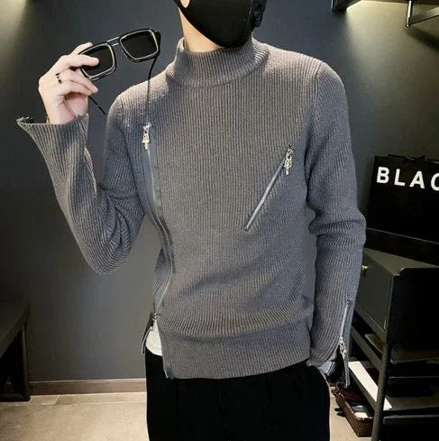 Motorcycle Men s Clothing Turtleneck Pullovers Zipper Knit Sweater Male High