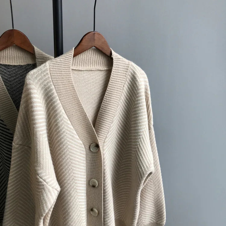 Bornladies Dames Trui Herfst Winter V-hals Gestreept Losvallend Cardigan