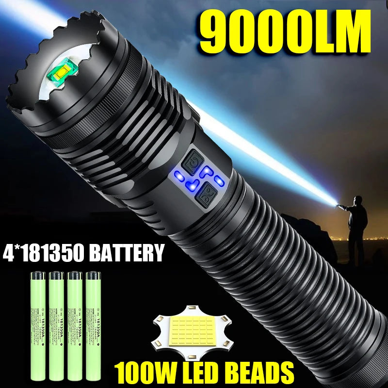 100W krachtige LED-zaklamp, ultraheldere tactische zaklamp met groot bereik, USB