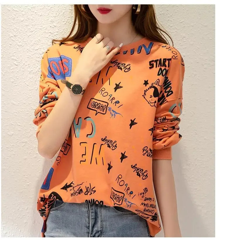 Classic Fashion Printing Letter Sweatshirts Women Long Sleeve Loose O collar Slim Casual All match