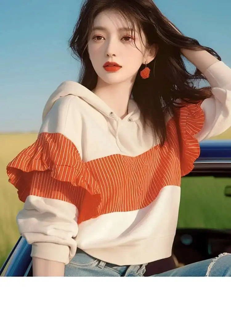 Koreaanse design niche westerse stijl top met unieke afslankende strepen en patchwork capuchontrui