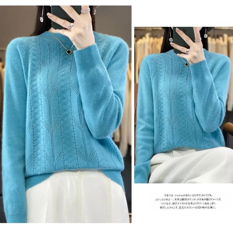 Women Stylish Simple Hollow Soft Cashmere Basic Knitted Sweater Solid O Neck Long Sleeve Loose