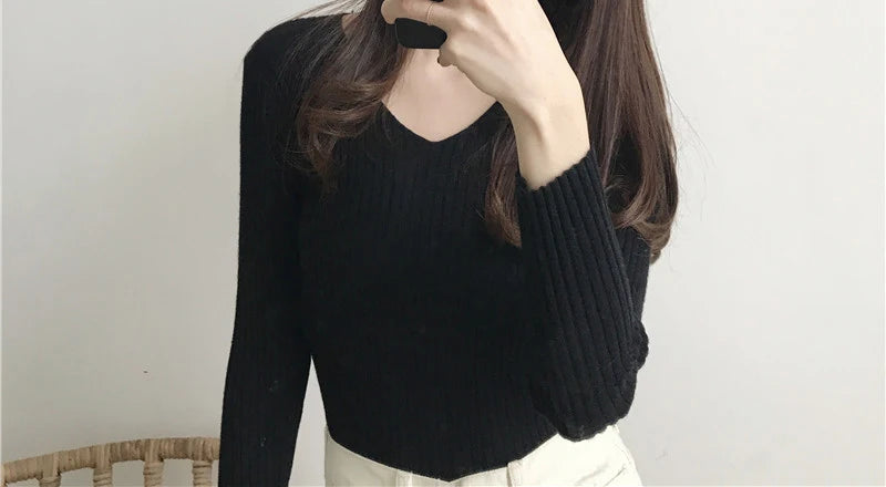 Heliar Dames V-hals Slim Sexy Trui Gebreid Lange Mouw Effen Onderkant Trui