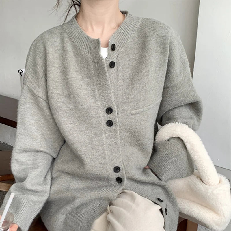 Single Breasted Knitted Cardigan for Women Loose Crew Neck Long Sleeve