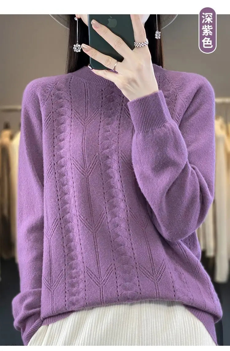 Women Stylish Simple Hollow Soft Cashmere Basic Knitted Sweater Solid O Neck Long Sleeve Loose