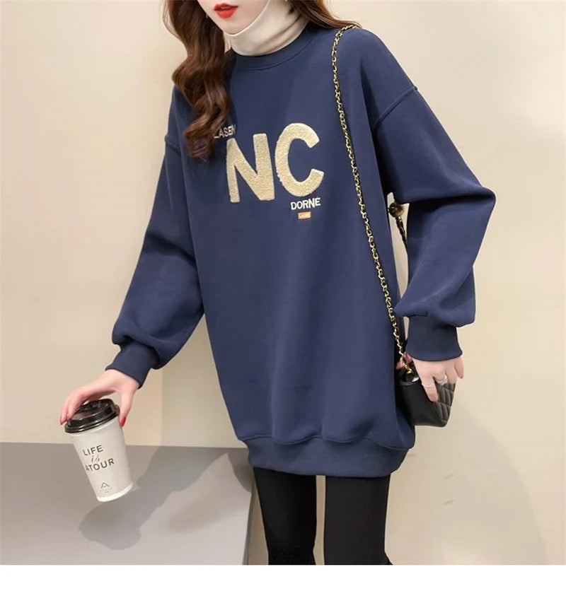 Autumn Winter High Collar Long Sleeve Fleece Thick Oversize Streetwear Female Sweatshirt Fake 2