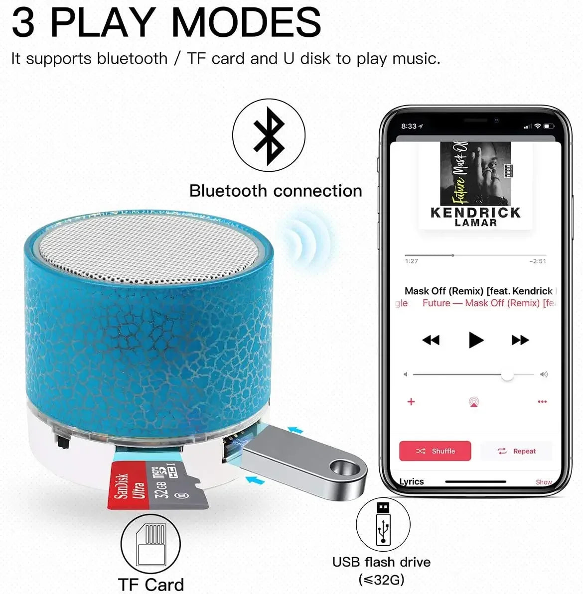TF Draadloze Mini Motion Bluetooth-luidspreker met LED-verlichting, Super Bass