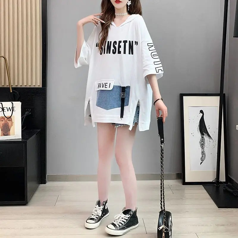 Zomer Harajuku Y2K Hooded Schouder Mouw V-hals T-shirts Dames Mode Letter