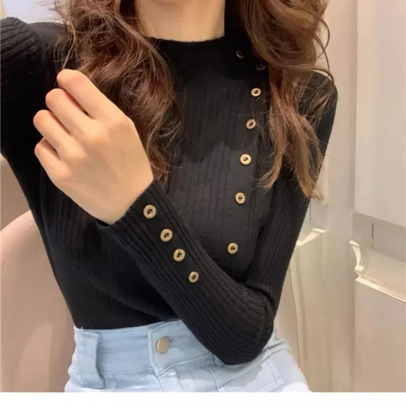 Весна-Осень Женская Одежда Однотонный Пуловер На Пуговицах Вязаный Свитер