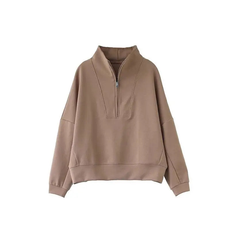Fashionable and Casual Stand up Collar Sweatshirt Women in Spring and Autumn Loose Semi zipper