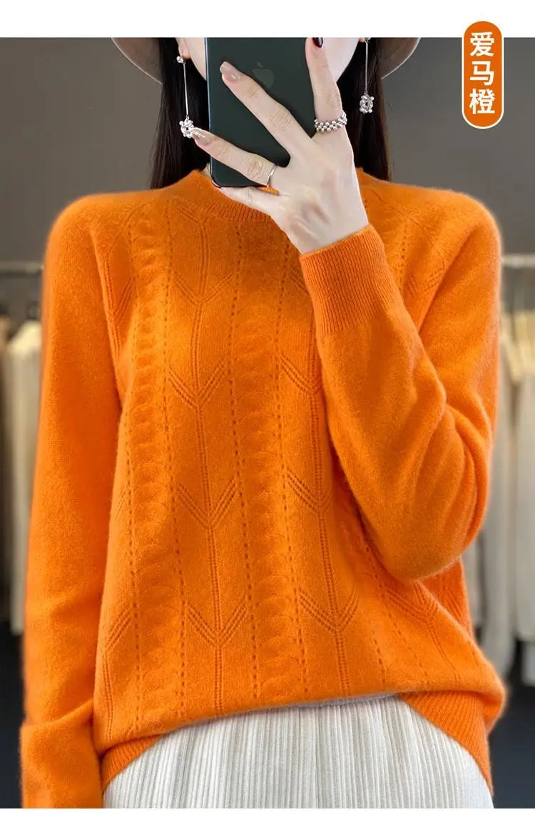 Women Stylish Simple Hollow Soft Cashmere Basic Knitted Sweater Solid O Neck Long Sleeve Loose