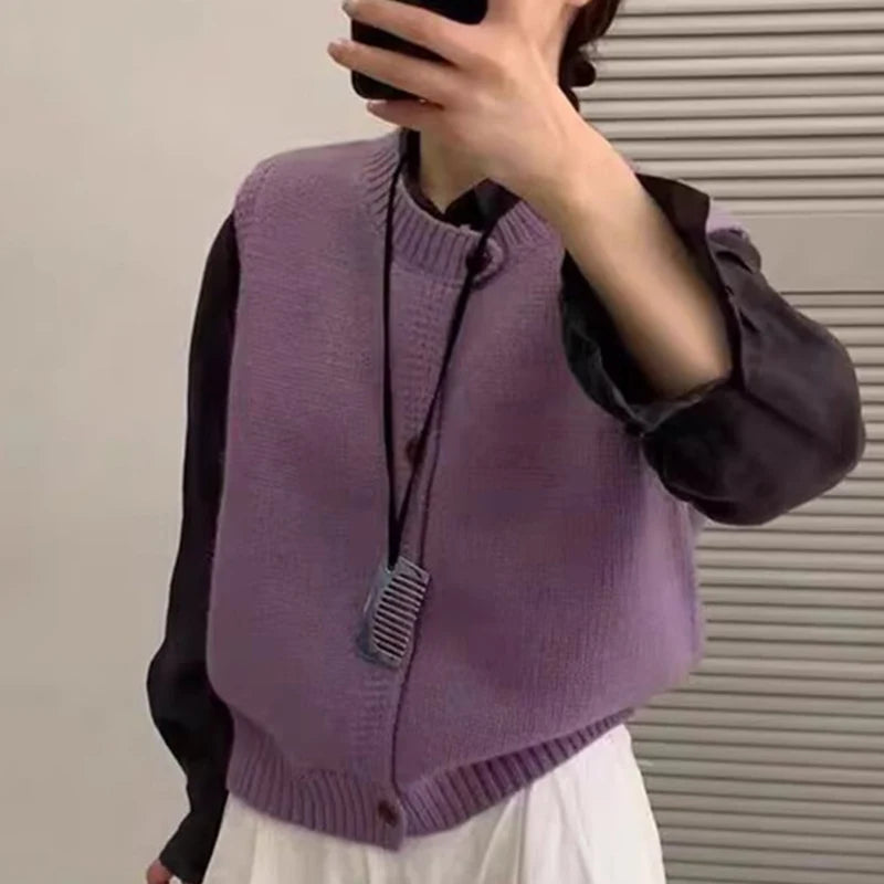 Chic Crew Neck Vest Cardigan for Women Single Breasted Knitted Vest Woman Spring