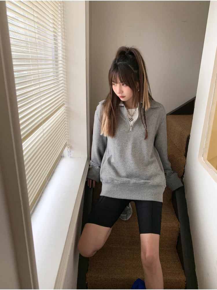 Herfst Winter BM Collar Polo Hoodie met rits voor dames met dikke fluweel en losse capuchon