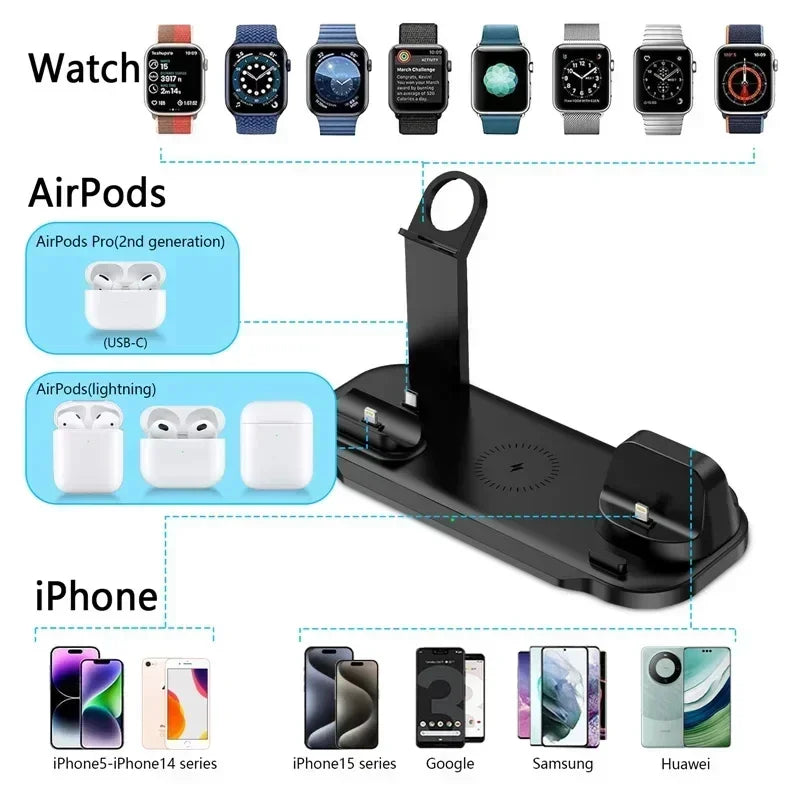 6-in-1 15W draadloze opladerstandaard voor iPhone 16, 15, 14, Samsung, Xiaomi, Apple