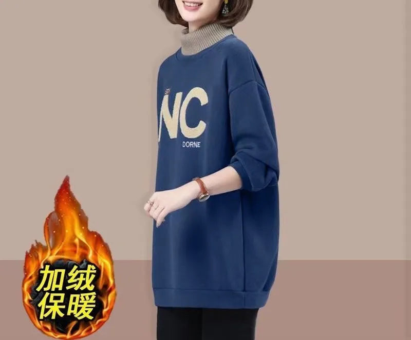 Herfst- en winterse effen coltrui met lange mouwen voor dames met letter plus