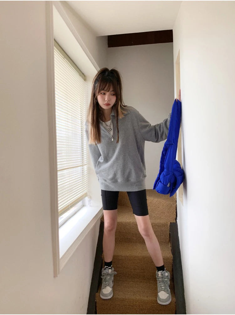 Herfst Winter BM Collar Polo Hoodie met rits voor dames met dikke fluweel en losse capuchon