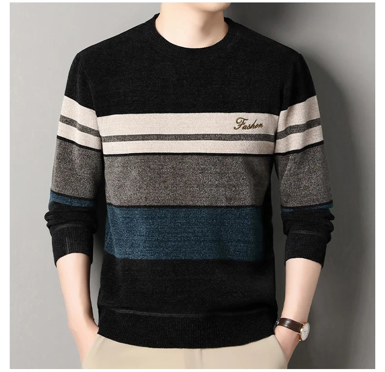 Mens Chenille Sweaters Fashion Knitting Pullover Striped Men s Autumn Winter Top Clothes Round