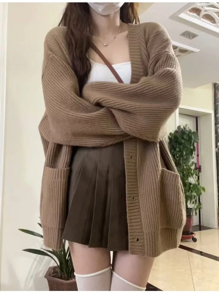 Grijze gebreide vesten voor dames, herfst/winter, dikke, warme, losse truien