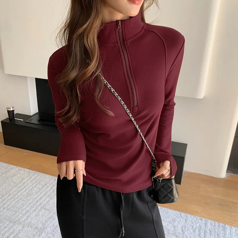 Herfst Winter Fleece Warme Sweatshirts Dames Chique Halfhoge Kraag Truien