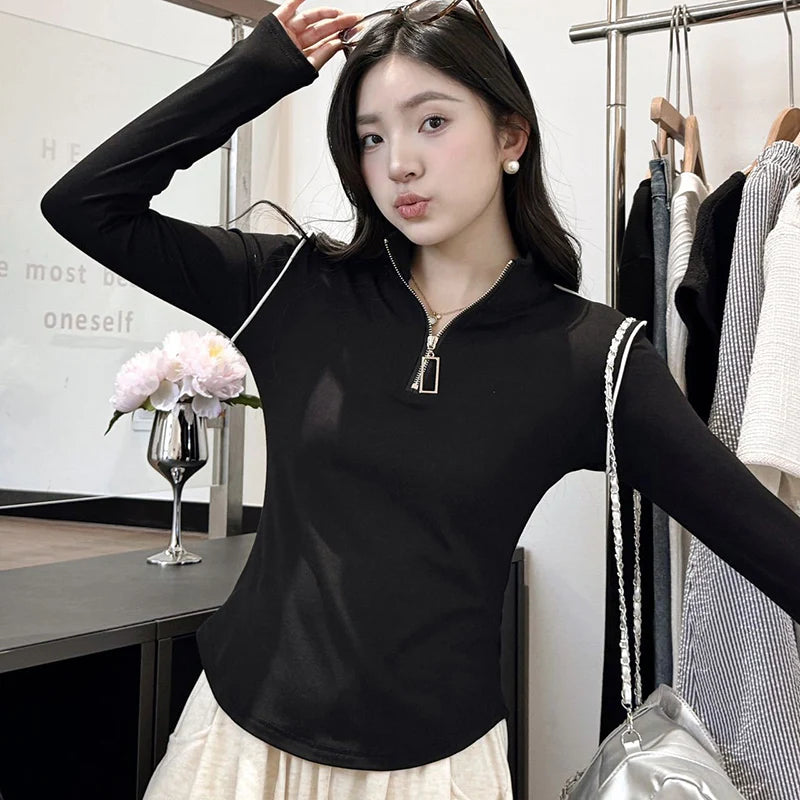 Koreaanse ritsen lange mouwen T-shirt voor vrouwen staande kraag slim fit trui vrouw