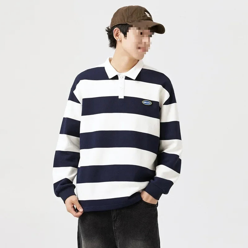 Loose Unisex Spring Autumn Trendy Striped Sweatshirt Cotton Polyester Material Couple Hong Kong