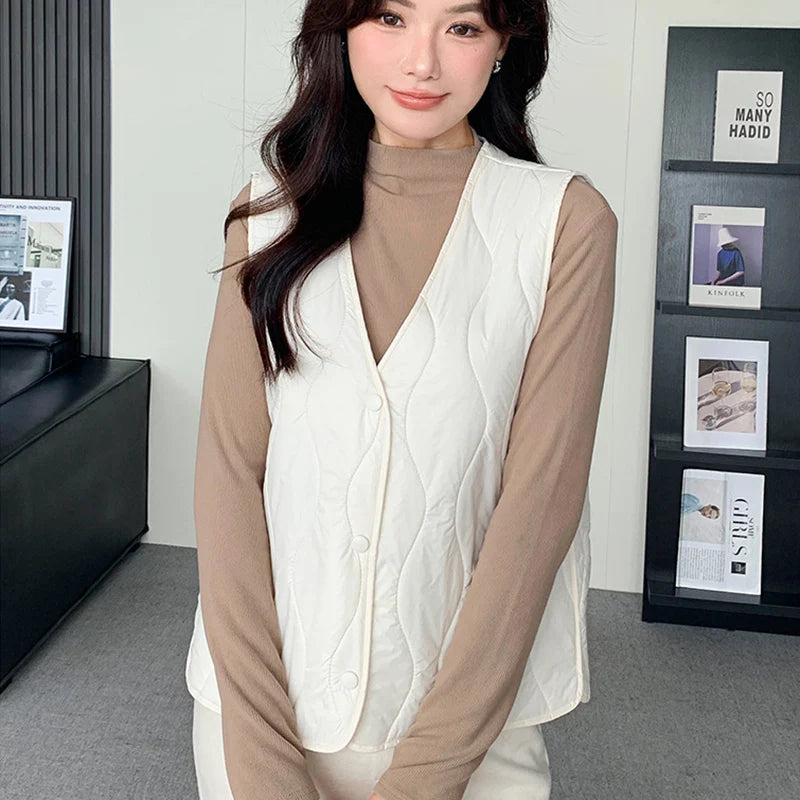 Lichtgewicht katoenen vestjas voor dames, Koreaanse V-hals, warm, mouwloos