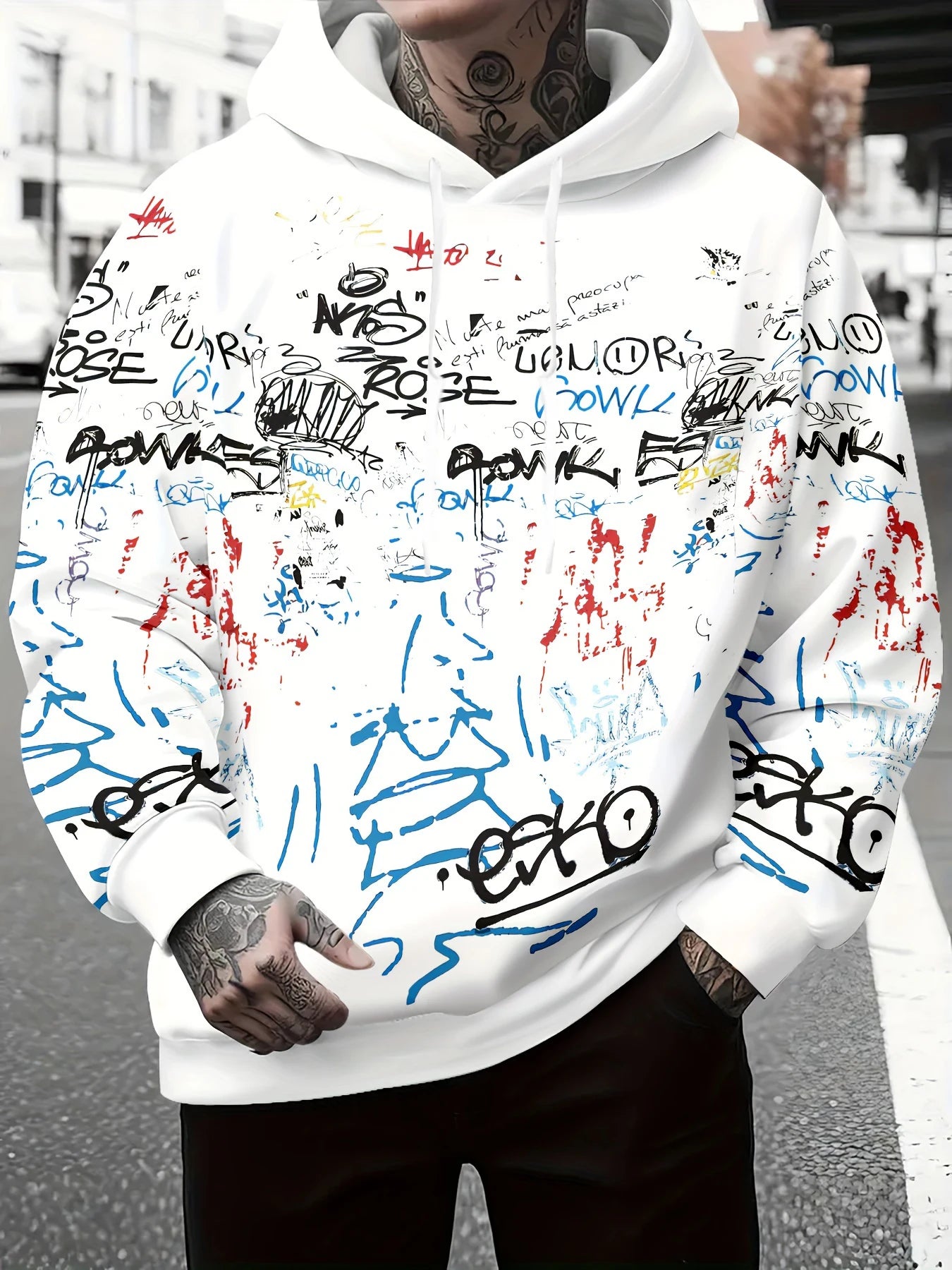 Fashionable men s autumn personalized letter graffiti print soft and comfortable hooded sweatshirt