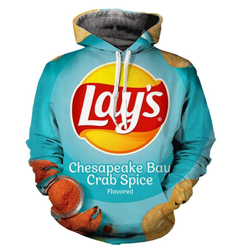 Snacks Funny Hoodies Men Fashion Potato Chips 3D Printed Long Sleeve Sweatshirts Women Casual