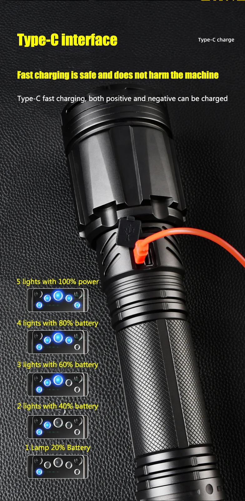 100W krachtige LED-zaklamp, ultraheldere tactische zaklamp met groot bereik, USB