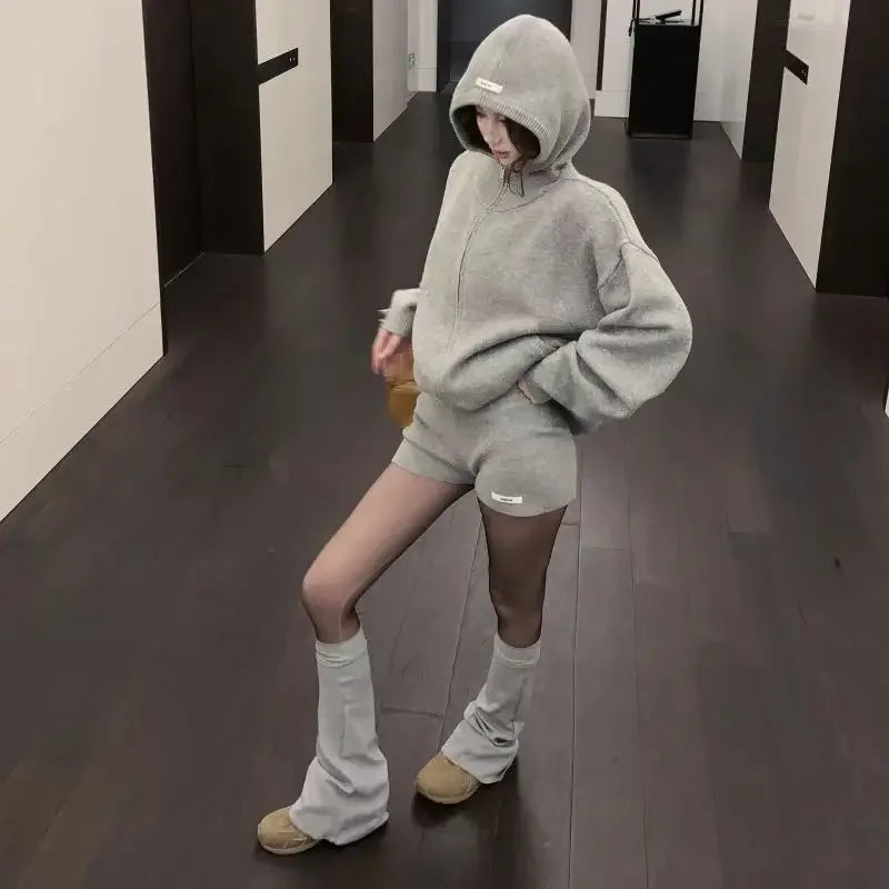 Retro Girl Grijs Gebreide Rits Hoodie Y2k Amerikaans Pak Dames Hoge Taille