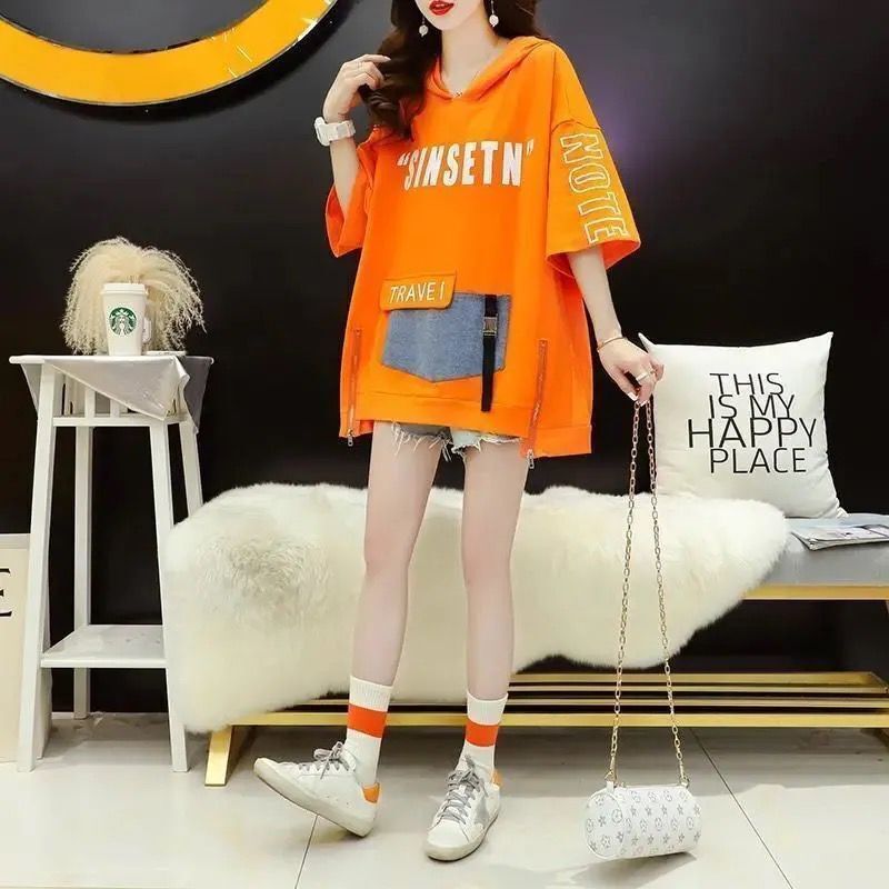 Zomer Harajuku Y2K Hooded Schouder Mouw V-hals T-shirts Dames Mode Letter