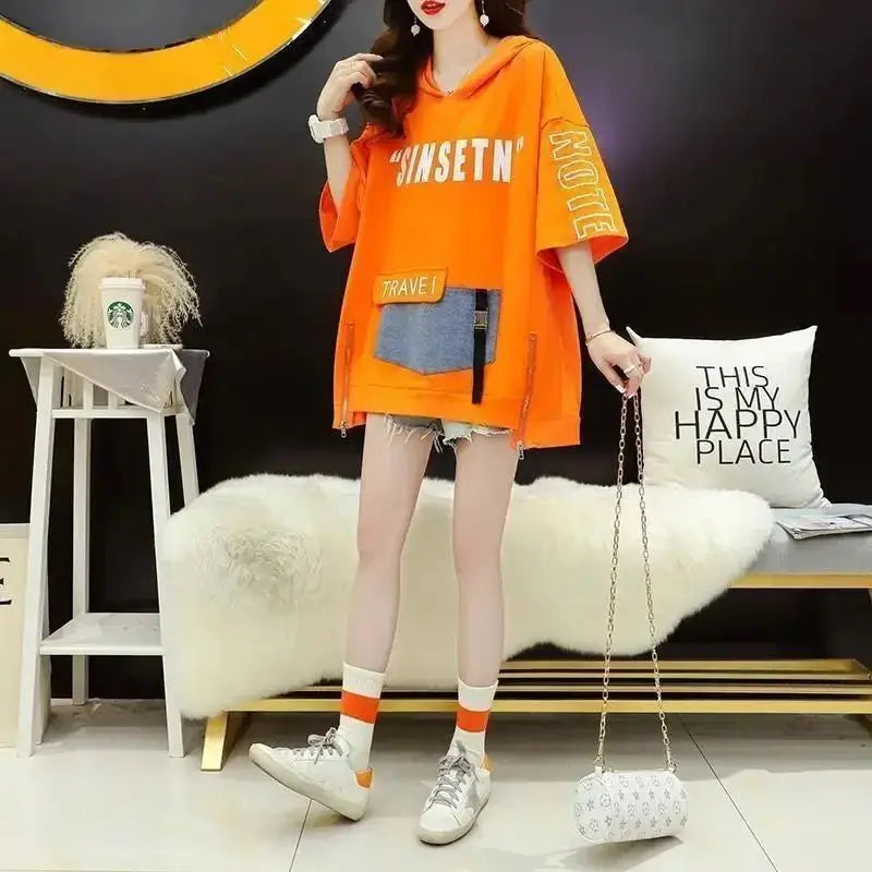 Zomer Harajuku Y2K Hooded Schouder Mouw V-hals T-shirts Dames Mode Letter