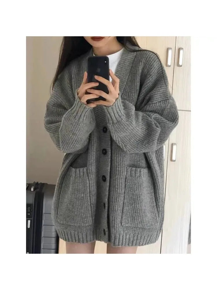 Grijze gebreide vesten voor dames, herfst/winter, dikke, warme, losse truien