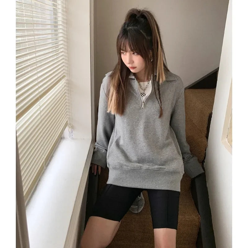 Herfst Winter BM Collar Polo Hoodie met rits voor dames met dikke fluweel en losse capuchon