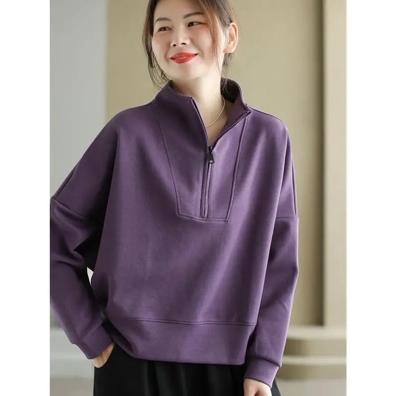 Fashionable and Casual Stand up Collar Sweatshirt Women in Spring and Autumn Loose Semi zipper